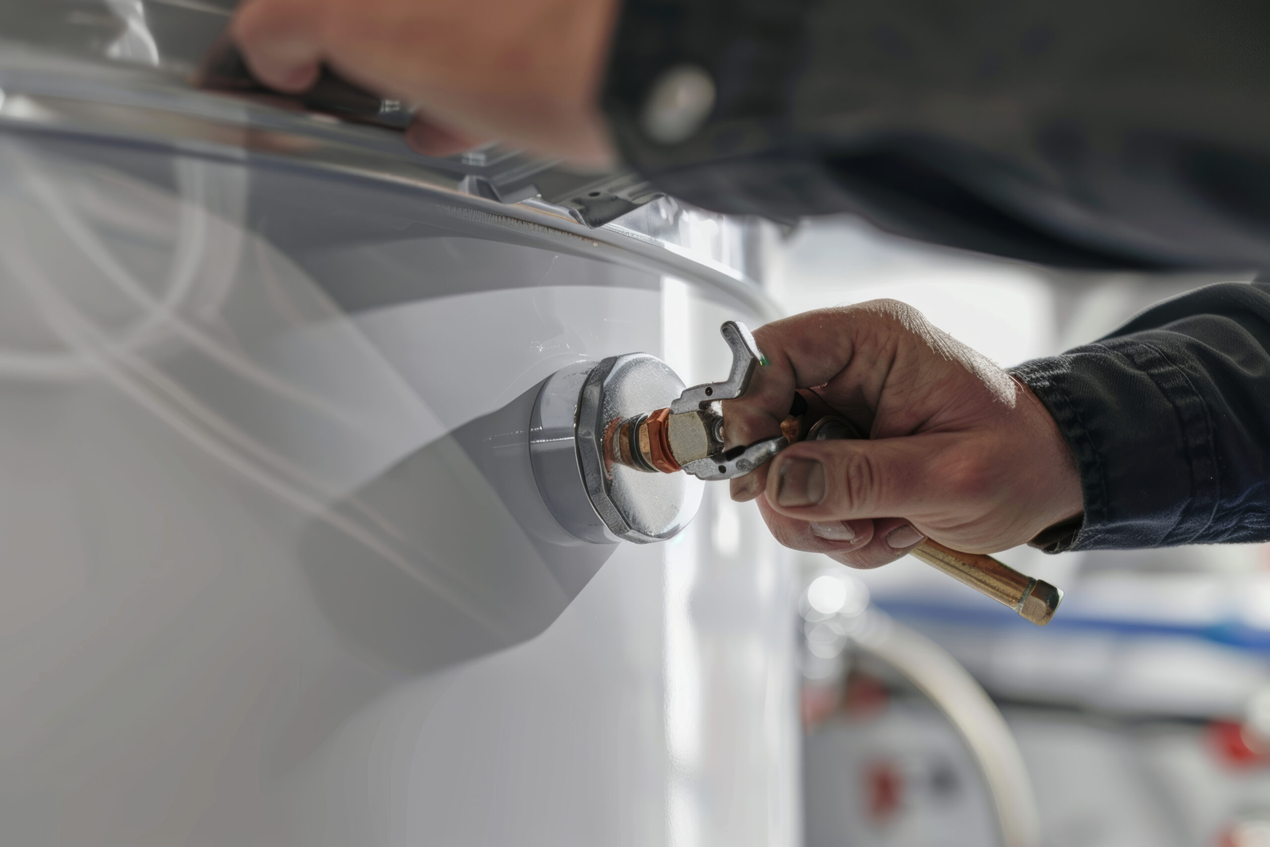 Plumber installing gas line on water heater tank with wrench tool on white background